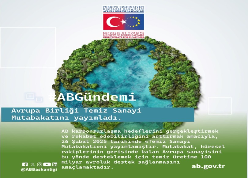 AB Temiz Sanayi Mutabakatı Yayımlandı Avrupa Komisyonu, 26 Şubat 2025 tarihinde Temiz Sanayi Mutabakatını yayımlamıştır. Mutabakat karbonsuzlaşmayı Avrupa sanayisi için bir itici güç haline getirmeyi hedeflemektedir. Bu amaç doğrultusunda enerji fiyatları düşürülerek kaliteli işler yaratılacak ve şirketlerin gelişmesi için uygun koşullar sağlanacaktır.  duyuruyu incele 